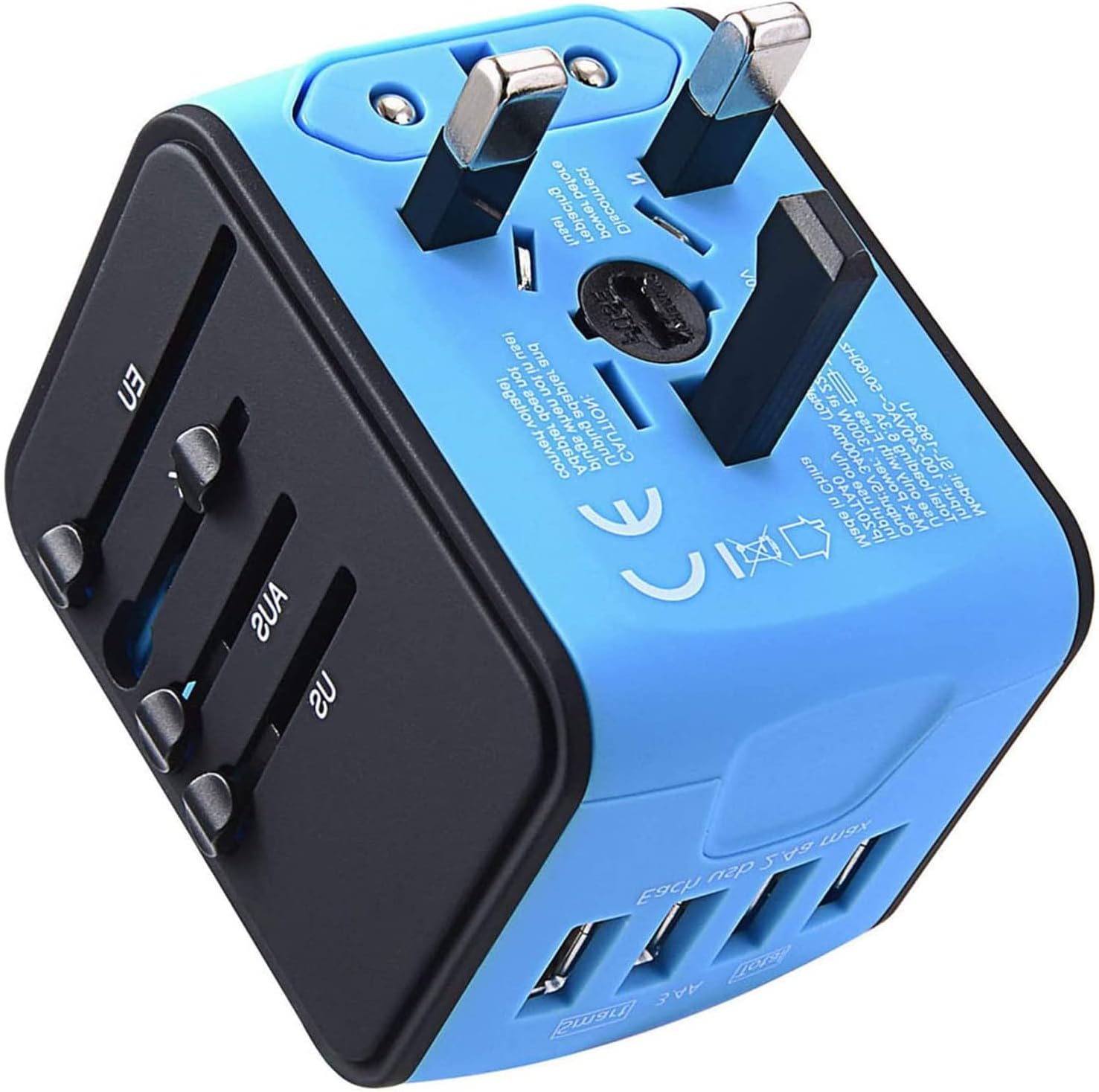Universal Travel Adapter with 4 USB Ports - Perfect for 160 Countries - Blue