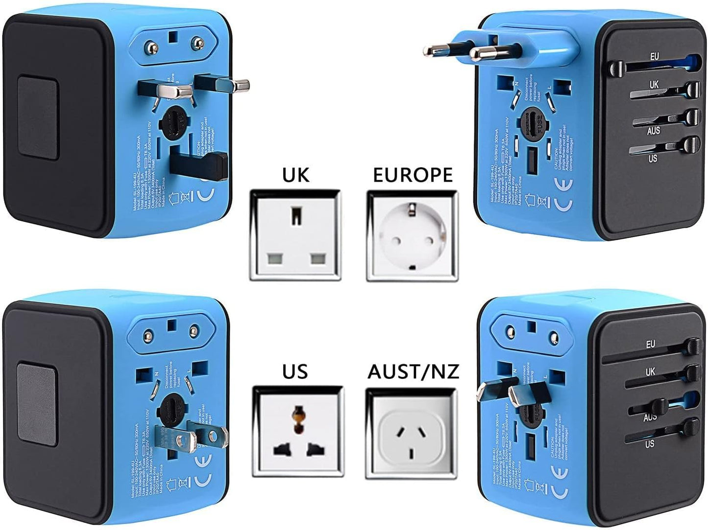 Universal Travel Adapter with 4 USB Ports - Perfect for 160 Countries - Blue