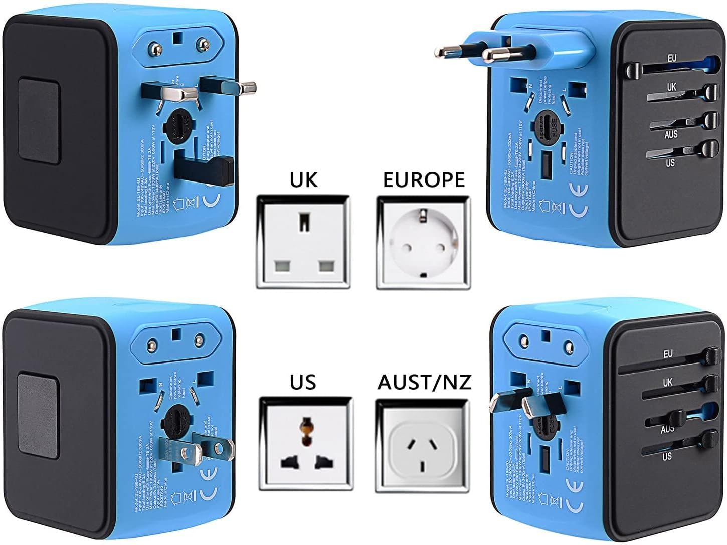 Universal Travel Adapter with 4 USB Ports - Perfect for 160 Countries - Blue