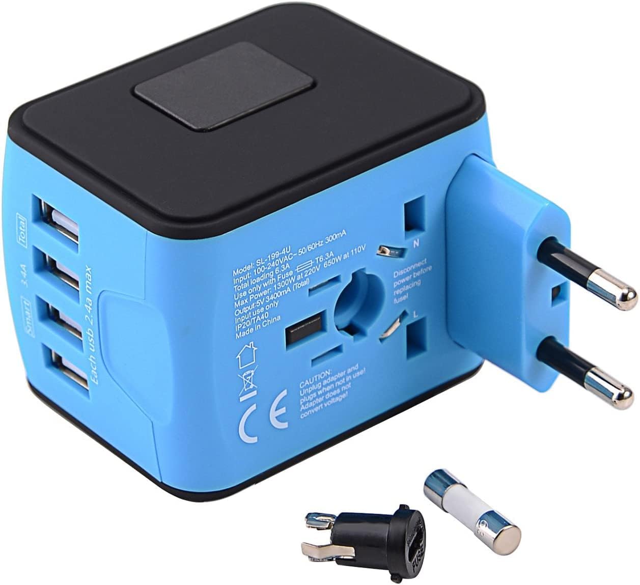 Universal Travel Adapter with 4 USB Ports - Perfect for 160 Countries - Blue