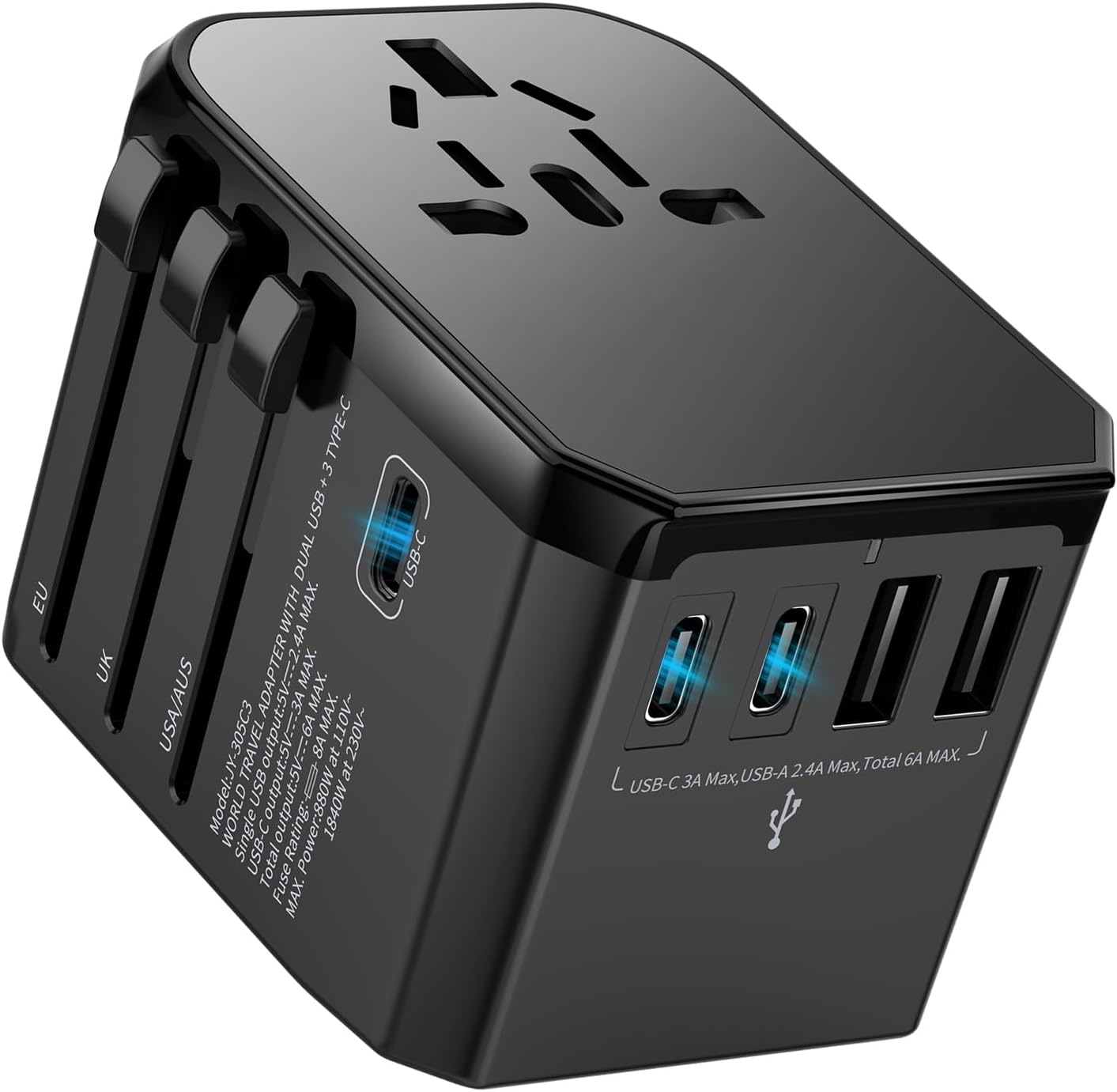 Universal Travel Adapter with 5 USB Ports - International Plug for Europe, US, Australia, UK, Spain, Germany, Ireland, Italy - All-in-one Power Adaptor