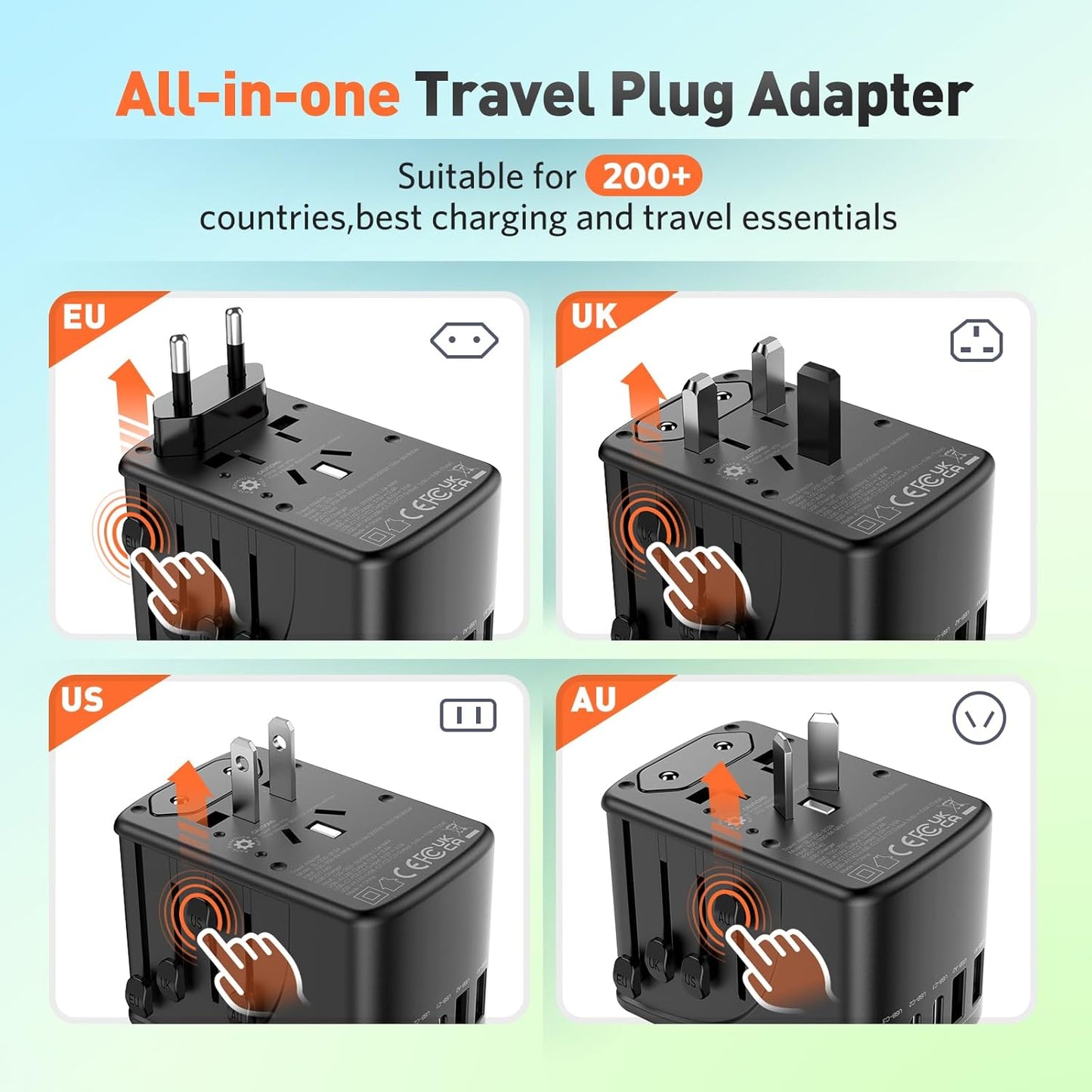Universal Travel Adapter with 5 USB Ports - International Plug for Europe, US, Australia, UK, Spain, Germany, Ireland, Italy - All-in-one Power Adaptor