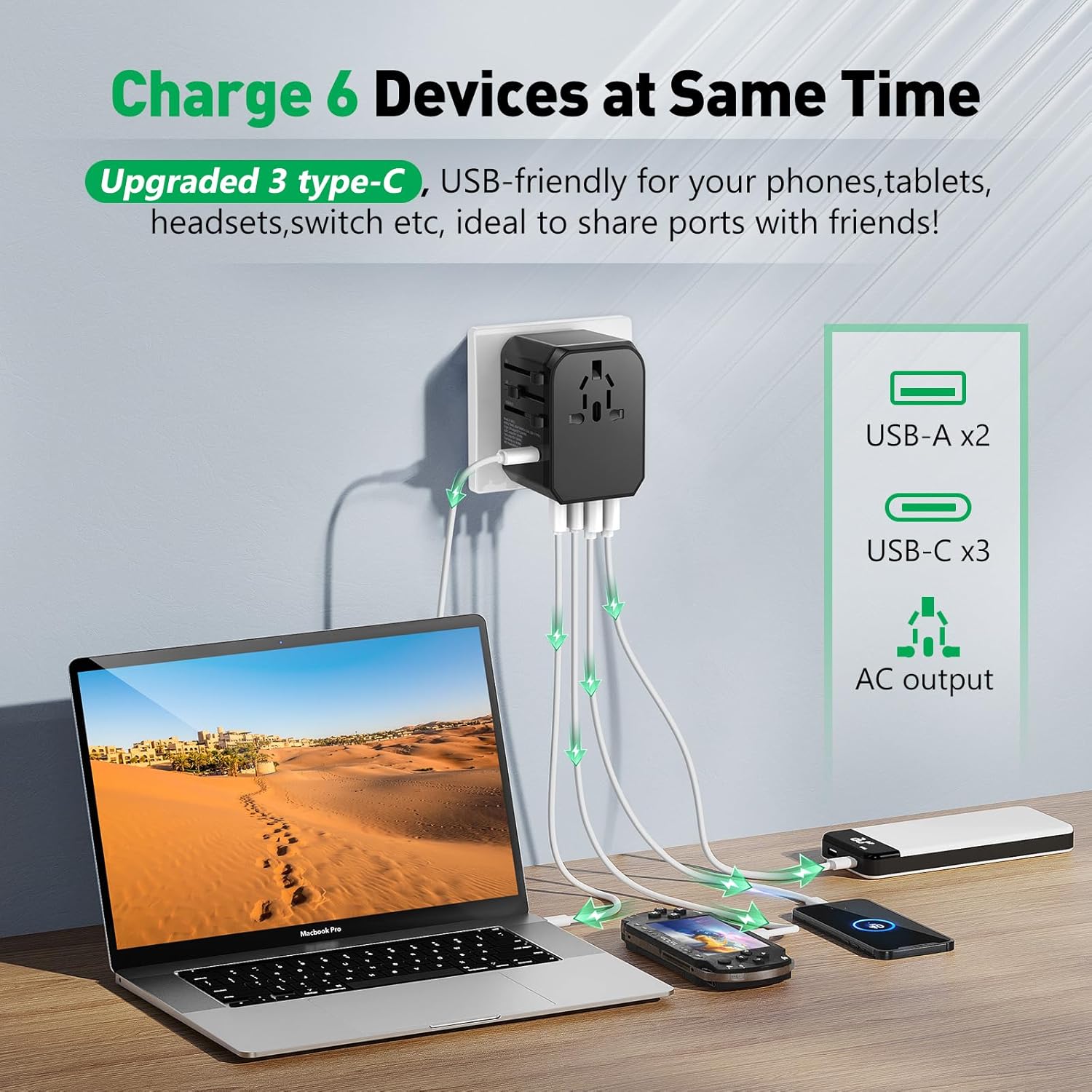 Universal Travel Adapter with 5 USB Ports - International Plug for Europe, US, Australia, UK, Spain, Germany, Ireland, Italy - All-in-one Power Adaptor