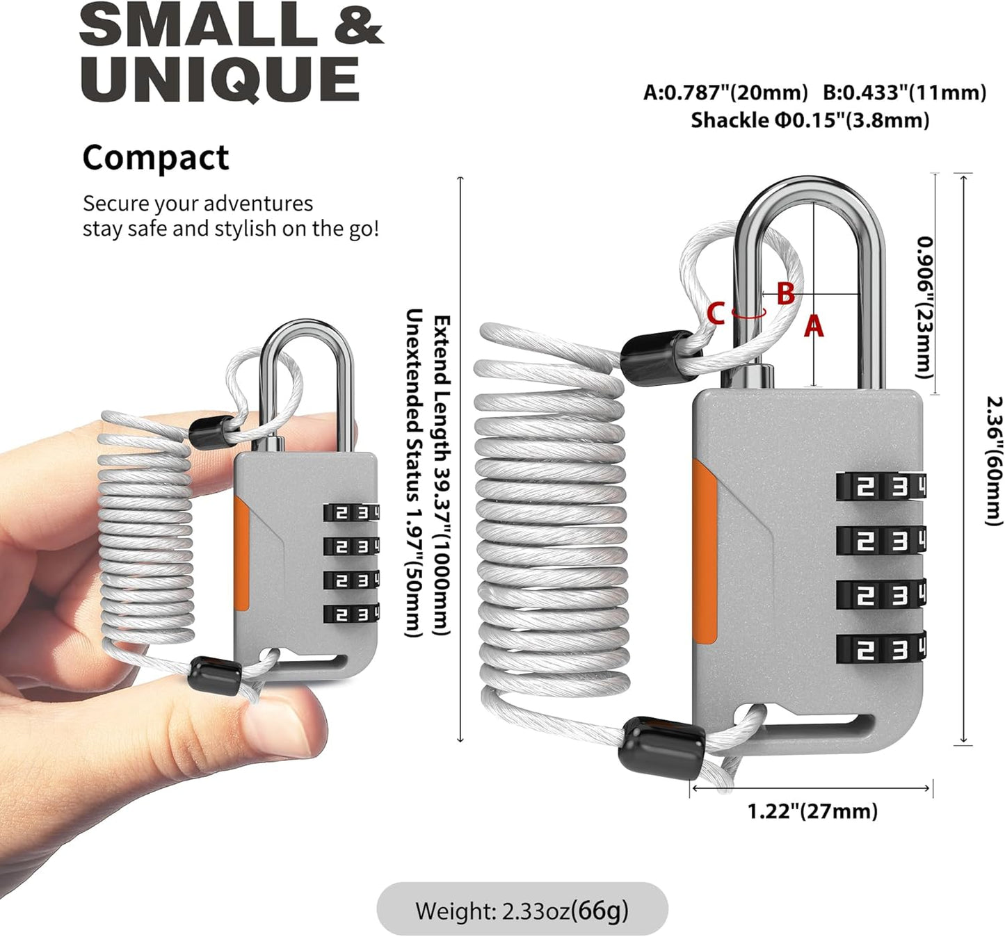 UP Security Retractable Cable Lock for Bikes - Compact Helmet Lock with Theft Protection - Gray Combo Padlock and Cable Lock