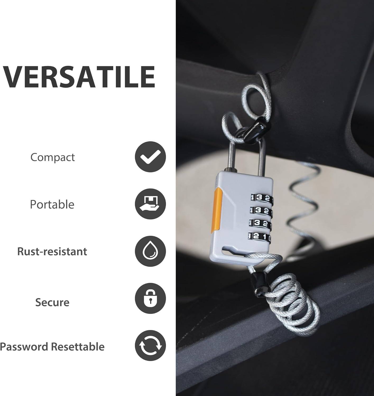 UP Security Retractable Cable Lock for Bikes - Compact Helmet Lock with Theft Protection - Gray Combo Padlock and Cable Lock