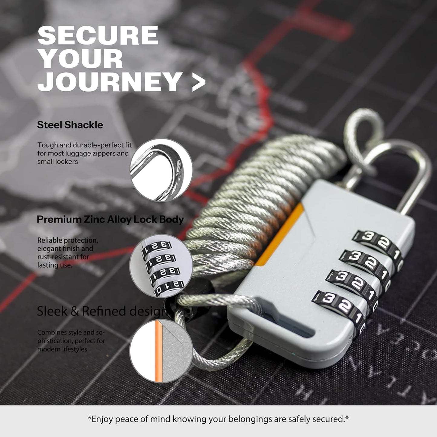 UP Security Retractable Cable Lock for Bikes - Compact Helmet Lock with Theft Protection - Gray Combo Padlock and Cable Lock