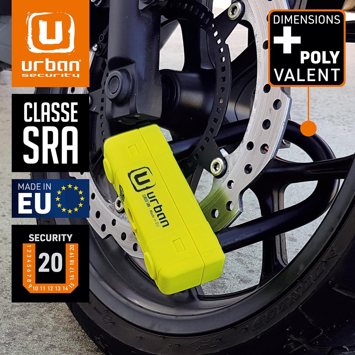 Urban Security UR85120Y High Security U Lock for Motorcycles - SRA Approved, 18mm Hardened Steel, Double Anti-Scratch Locking - 85x120mm Anti Theft Device for Moto Scooter Ebike