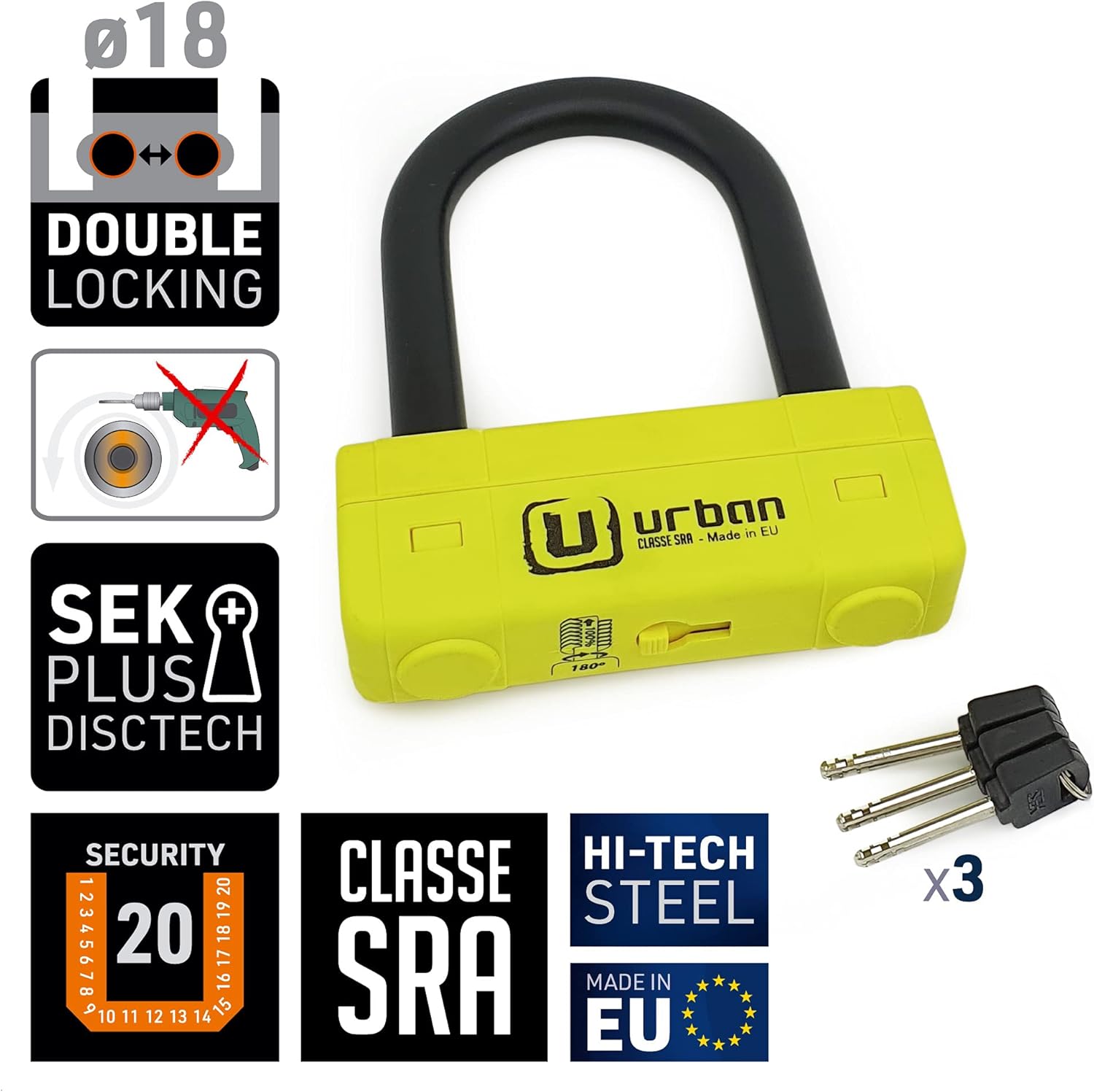 Urban Security UR85120Y High Security U Lock for Motorcycles - SRA Approved, 18mm Hardened Steel, Double Anti-Scratch Locking - 85x120mm Anti Theft Device for Moto Scooter Ebike