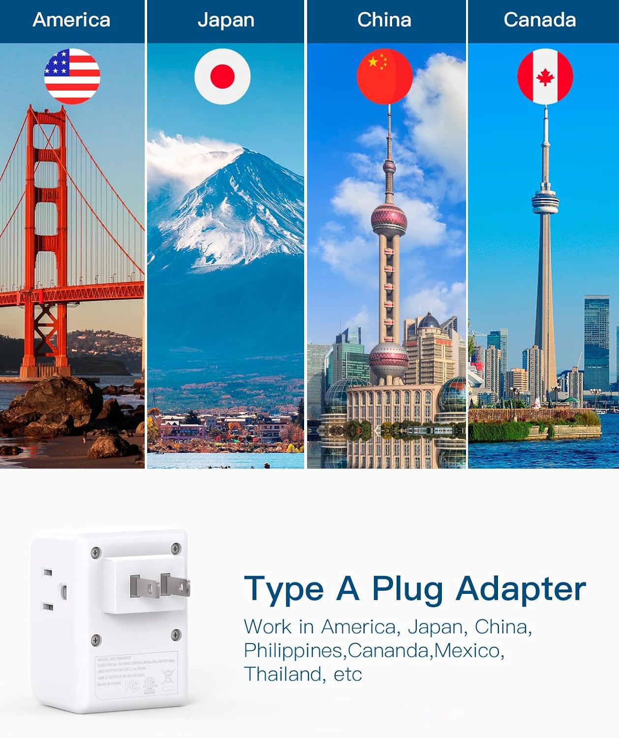USA to Japan Plug Adapter with 3 Outlets, 3 USB Ports, Type A Travel Power Adapter for Philippines and China - Multi Plug Wall Outlet Extender