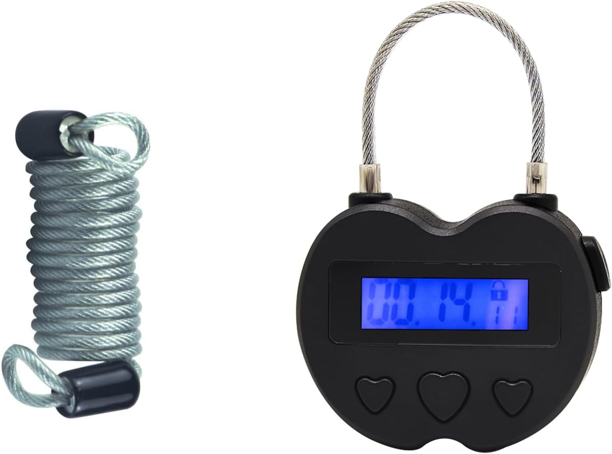 USB Rechargeable Heart Metal Timer Lock with 1m Spring Cord - Up to 99 Hours Timed Self-Regulation Padlock - WildKart