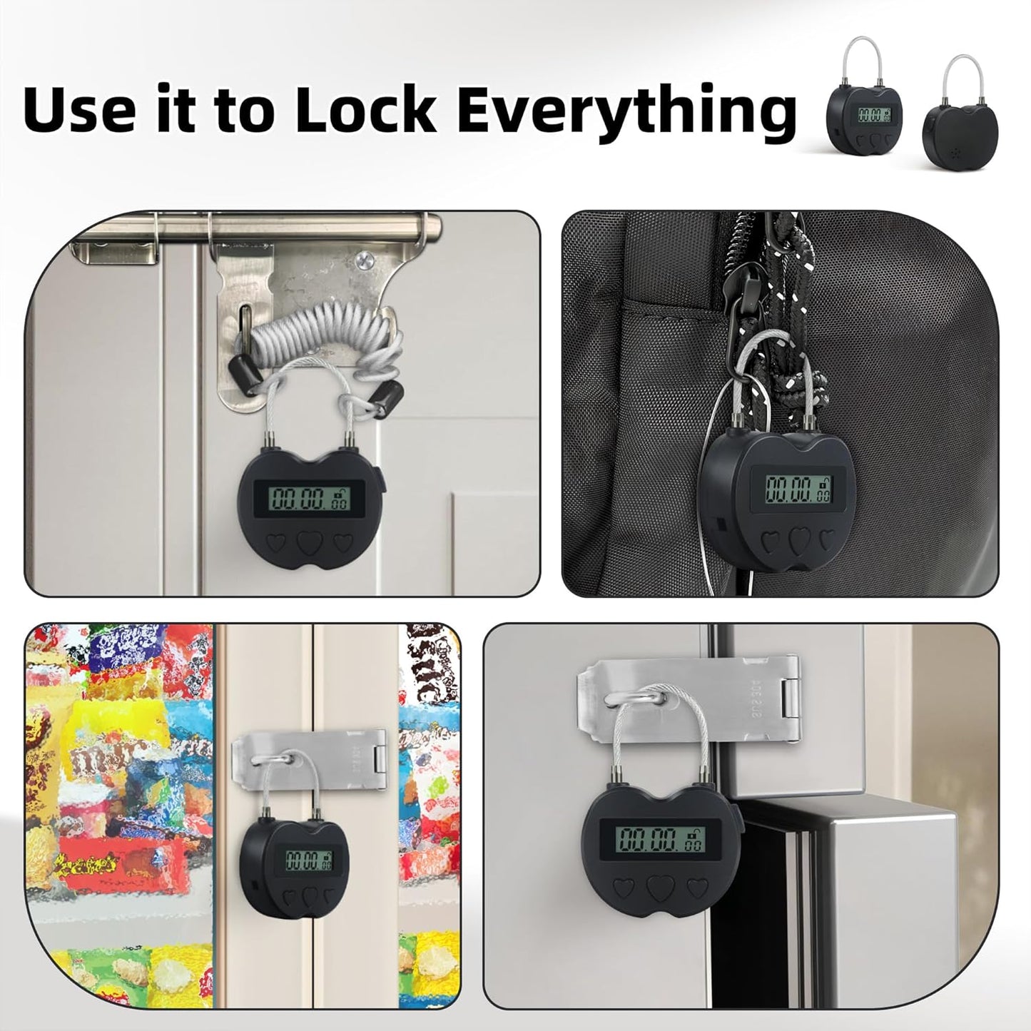 USB Rechargeable Heart Metal Timer Lock with 1m Spring Cord - Up to 99 Hours Timed Self-Regulation Padlock - WildKart