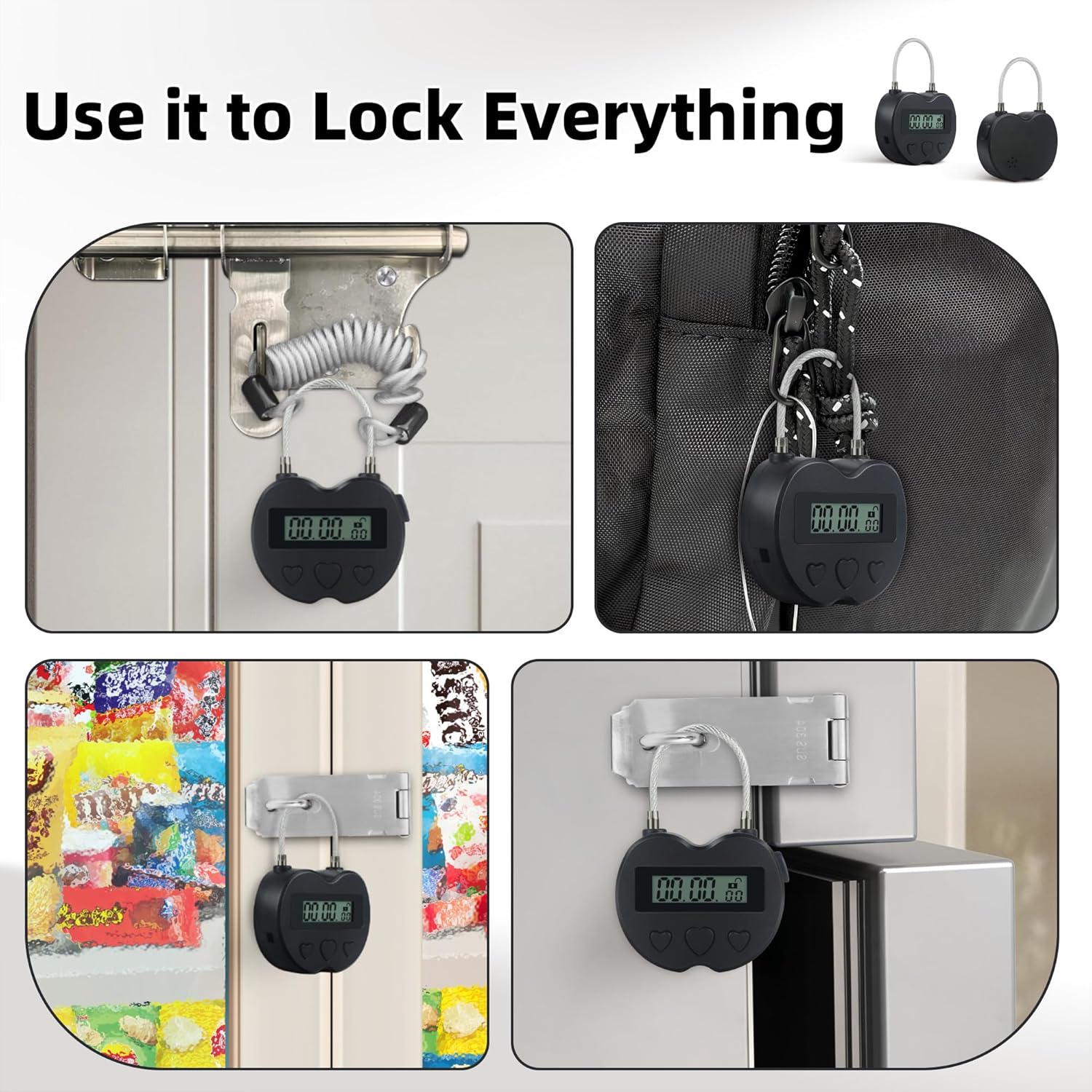 USB Rechargeable Heart Metal Timer Lock with 1m Spring Cord - Up to 99 Hours Timed Self-Regulation Padlock - WildKart