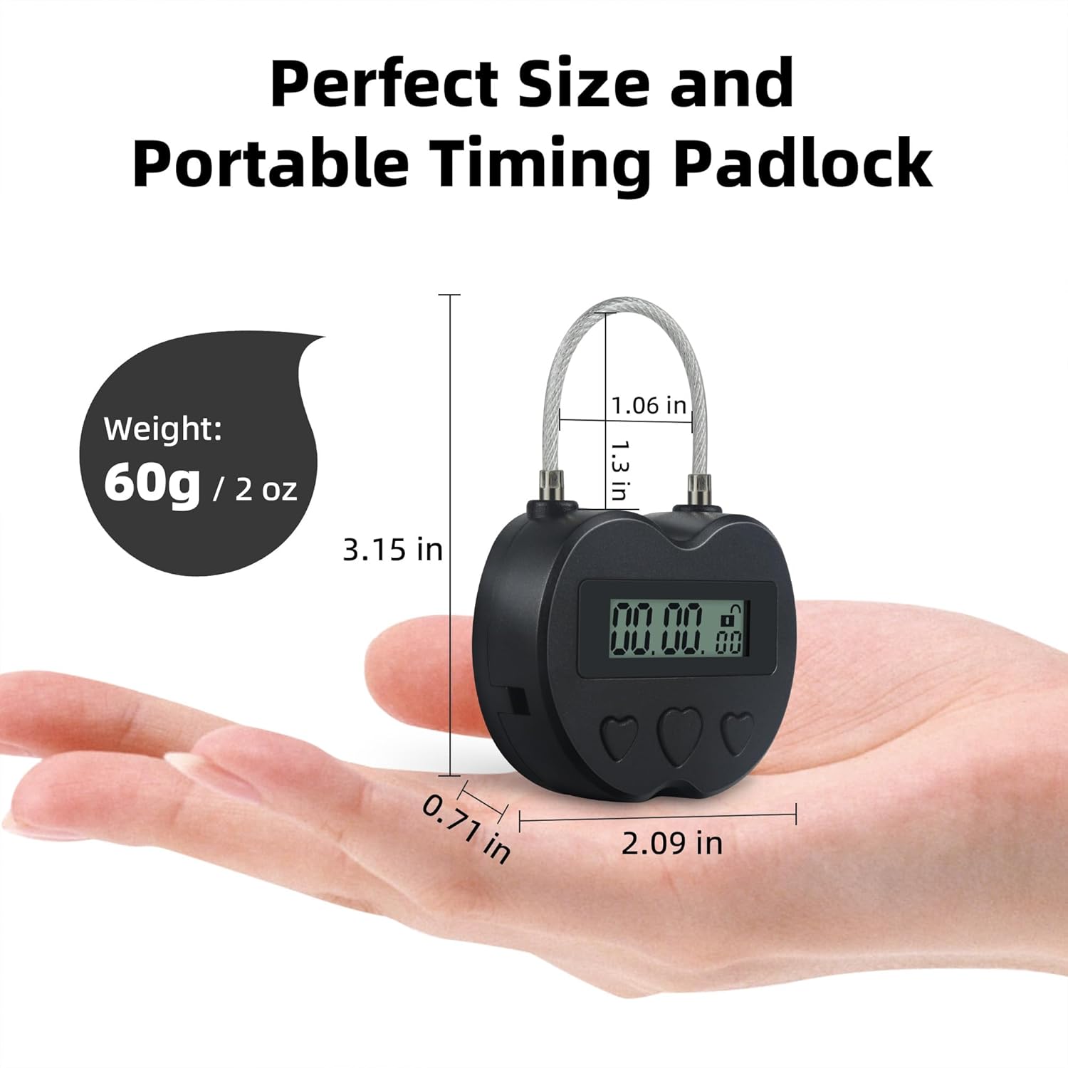 USB Rechargeable Heart Metal Timer Lock with 1m Spring Cord - Up to 99 Hours Timed Self-Regulation Padlock - WildKart