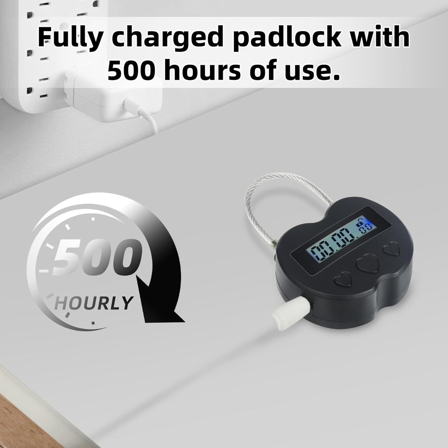 USB Rechargeable Heart Metal Timer Lock with 1m Spring Cord - Up to 99 Hours Timed Self-Regulation Padlock - WildKart