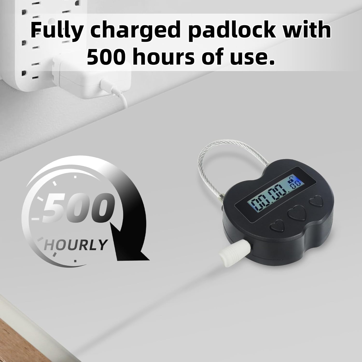 USB Rechargeable Heart Metal Timer Lock with 1m Spring Cord - Up to 99 Hours Timed Self-Regulation Padlock - WildKart