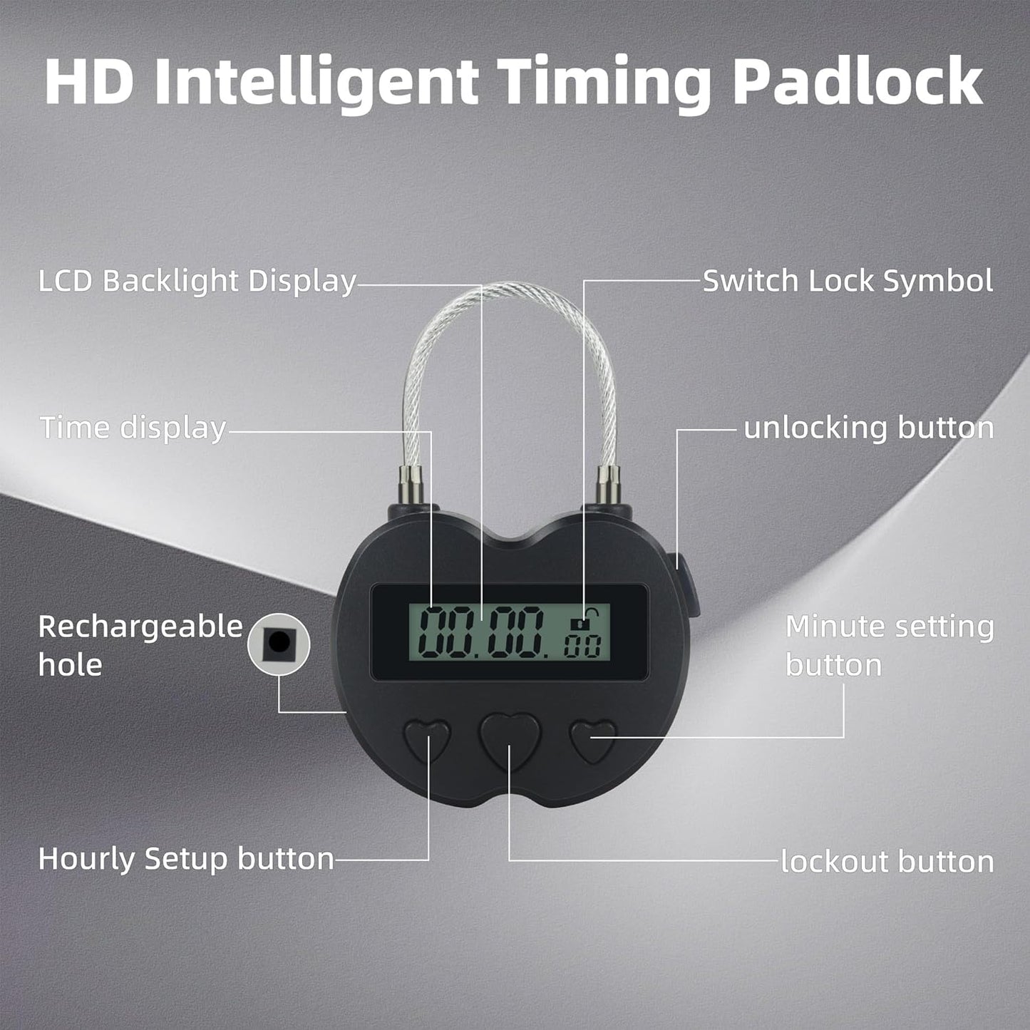 USB Rechargeable Heart Metal Timer Lock with 1m Spring Cord - Up to 99 Hours Timed Self-Regulation Padlock - WildKart
