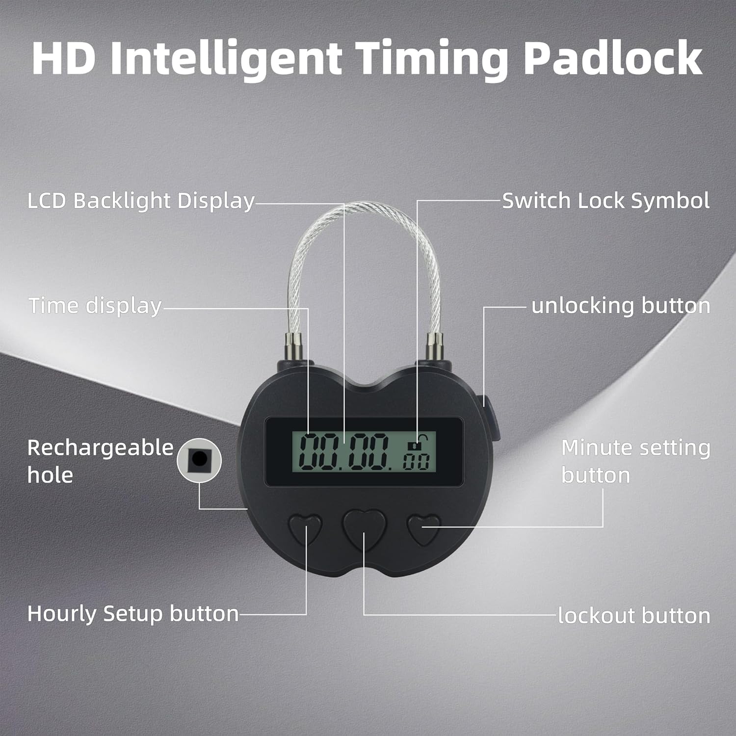 USB Rechargeable Heart Metal Timer Lock with 1m Spring Cord - Up to 99 Hours Timed Self-Regulation Padlock - WildKart