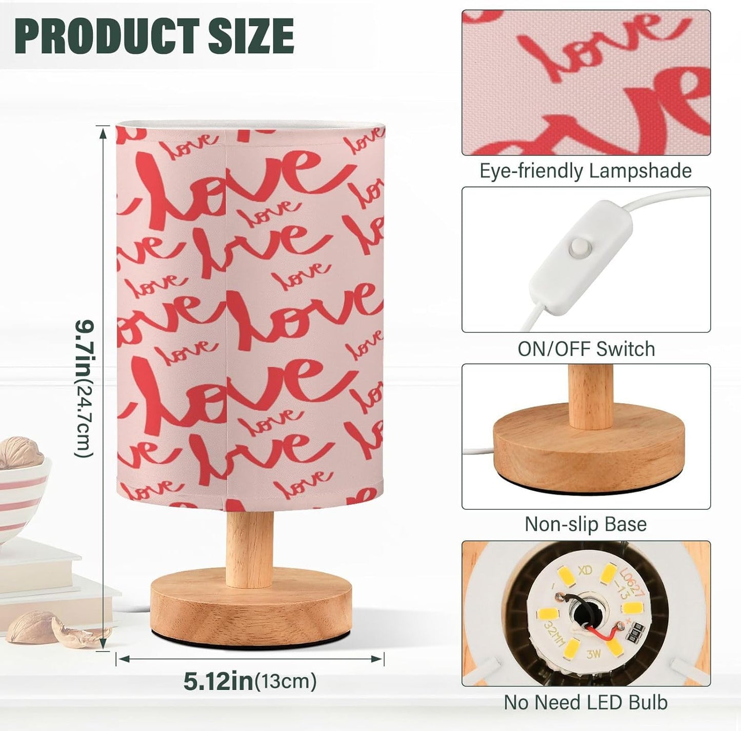 Valentine's Day Love LED Desk Lamp with USB, Small Nightstand Light for Bedroom and Office Decor
