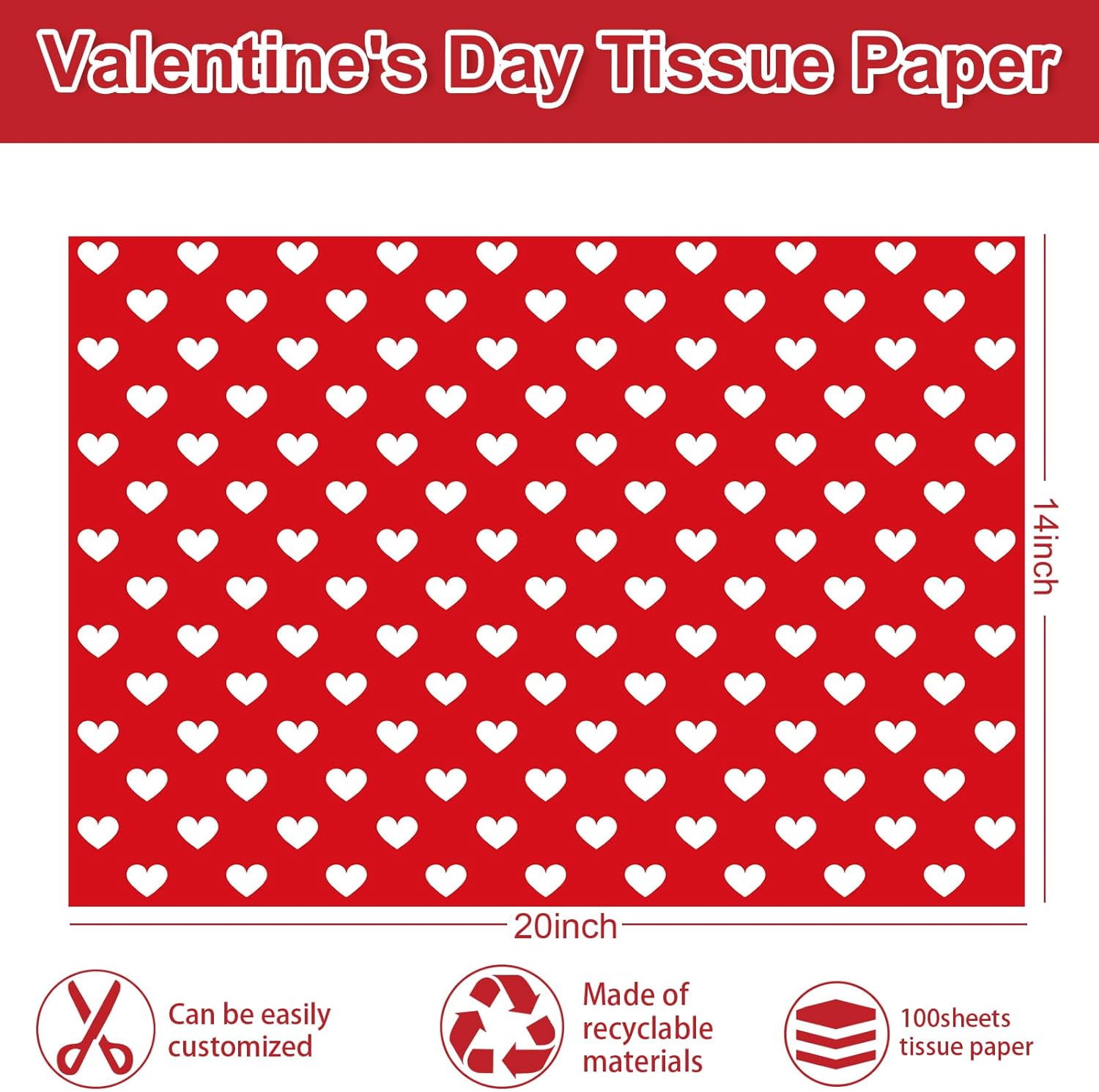 Valentine's Day Tissue Paper Red White Heart Gift Wrapping Paper - 100 Sheets - Love Decorative Art Craft Paper - DIY Crafts, Wedding Decor, Party Decorations - 14 x 20 Inch