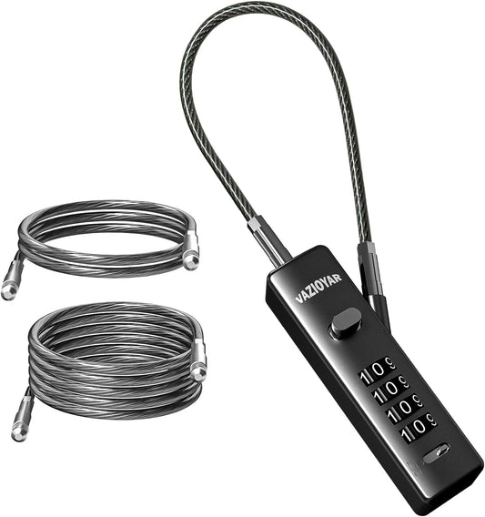 Vazioyar Combination Cable Lock for Bicycles and Suitcases - 3 Length Options, Resettable 4-Digit Password, Durable Zinc Alloy Body - Black