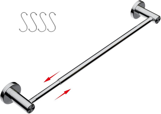 Versatile Chrome Finished Adjustable Towel Bar, Stainless Steel Holder Hanger for Bathroom Kitchen - Wall Mounted Towel Rail Rack with S Hooks - Extendable 16 to 27.6 Inch Length