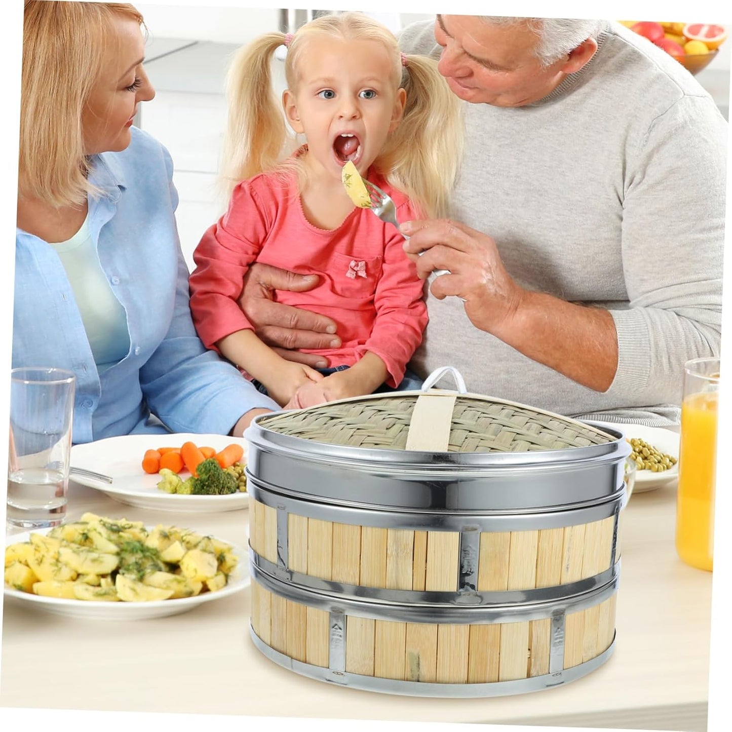 Versatile Food Steamer Set with 2 Baskets & Lid for Dim Sum, Bao Buns, and Veggies - Random Style