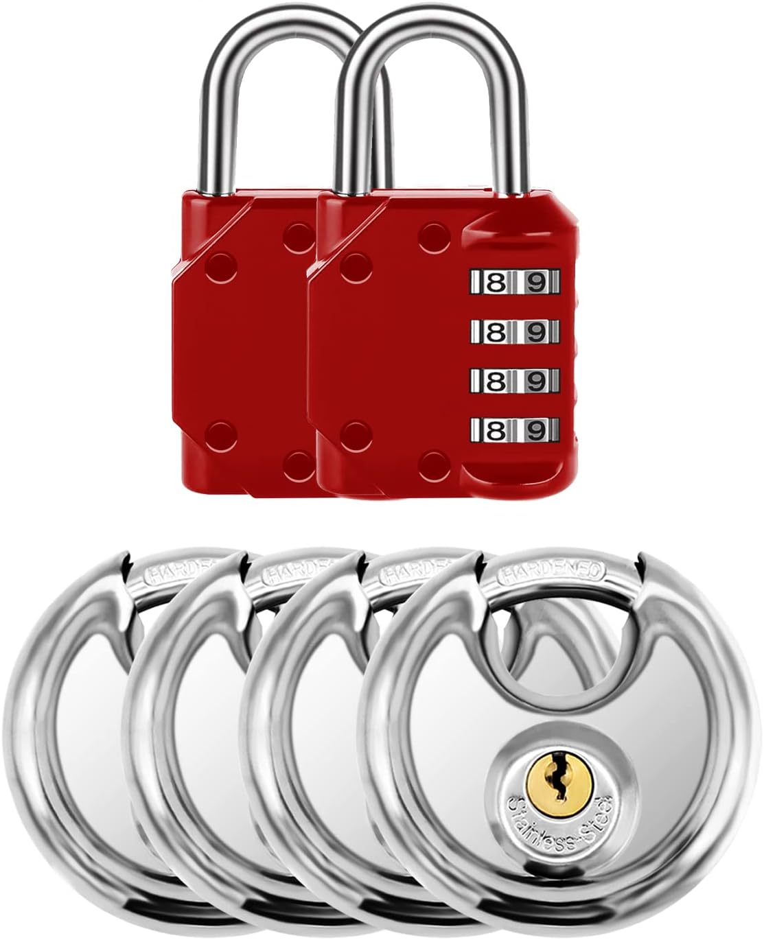 Vervida 2 Red Combination Lock & 4 Pack Disc Padlock Set for Gym/School Lockers, Hasp Gates, Fences, Storage - Secure Your Belongings!