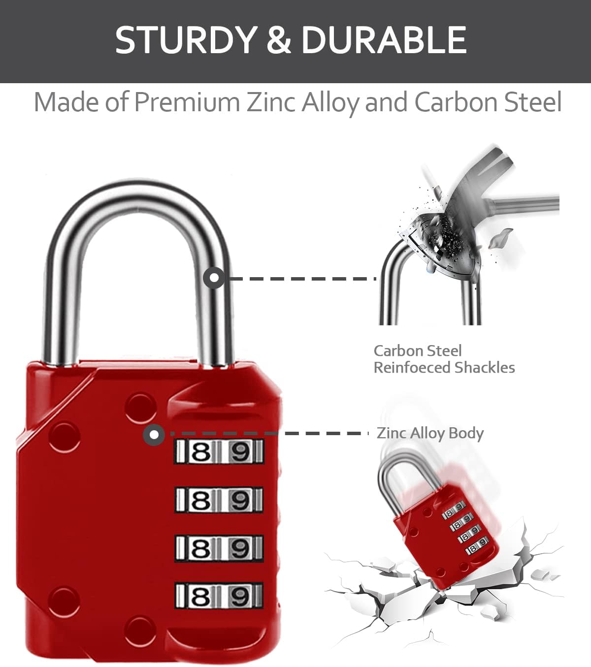 Vervida 2 Red Combination Lock & 4 Pack Disc Padlock Set for Gym/School Lockers, Hasp Gates, Fences, Storage - Secure Your Belongings!