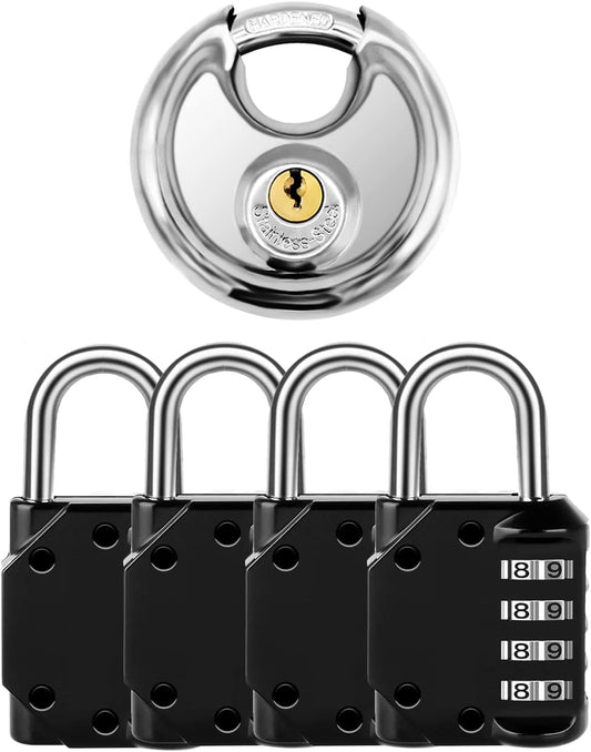Vervida 4 Black Combination Lock & Disc Padlock for Gym and School Lockers, Gates, Fences, Storage, and Cases