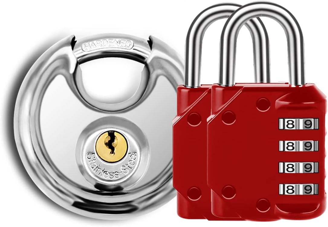 Vervida Disc Padlock with 2 Red Combination Locks for Gym and School Lockers, Gates, Fences, Storage Cases