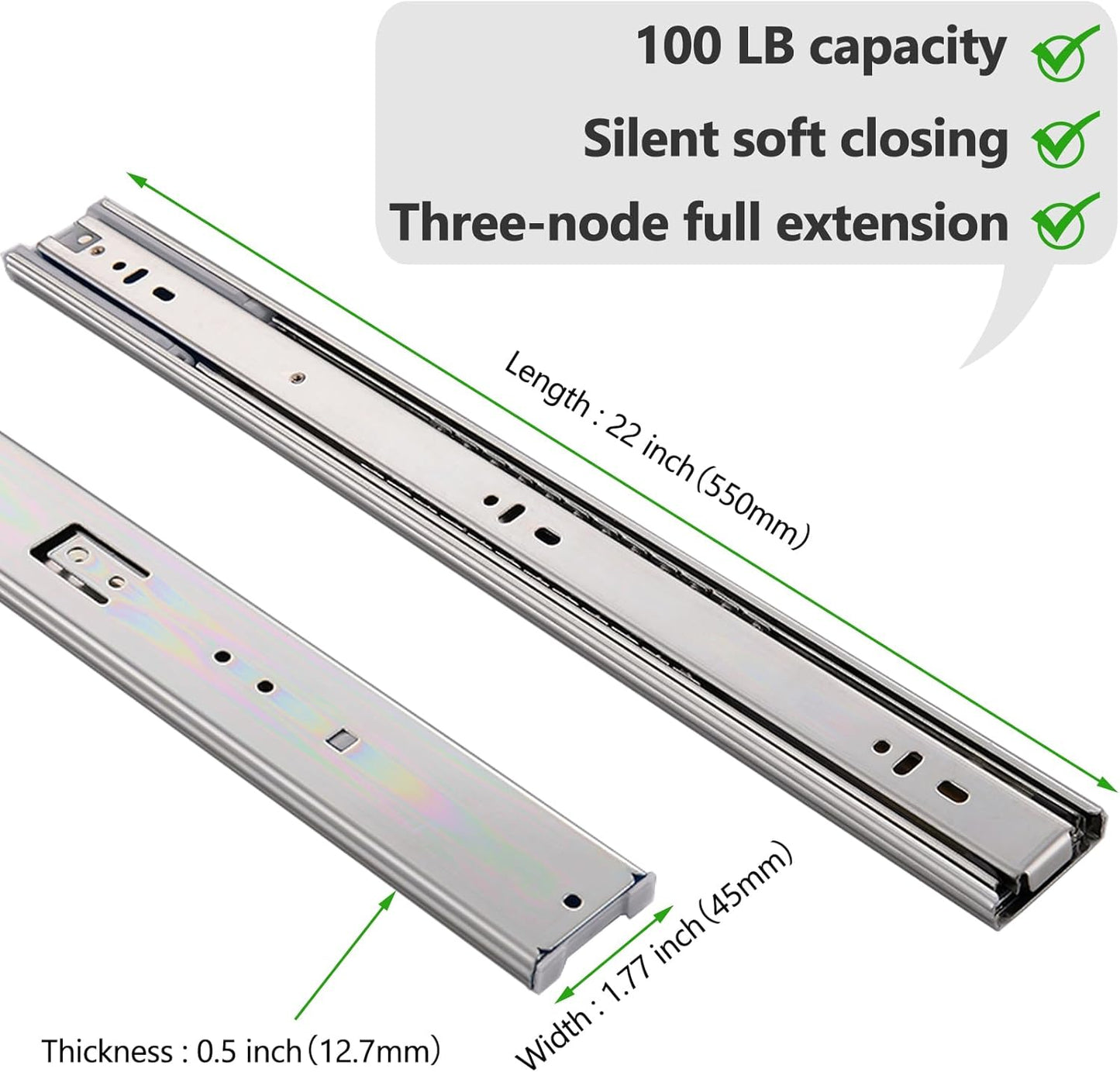 VESLA HOME 10 Pairs 22 Inch 3-Section Full Extension Soft Close Drawer Slides,110 LB Ball Bearing Metal Cabinet Side Mount Slow Close Drawer Hardware Slide,Available in 16" 18" 20" 22" Lengths