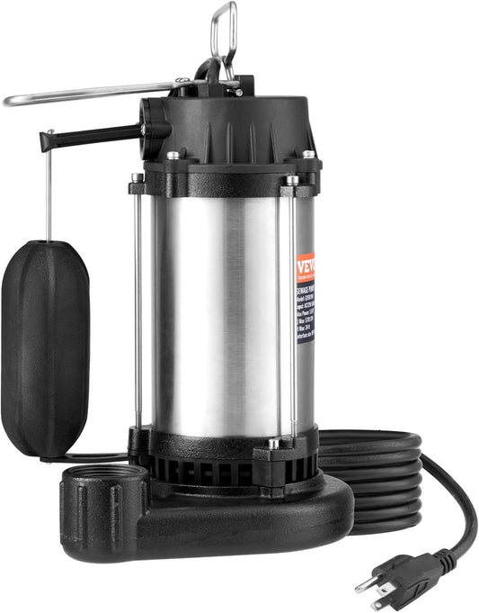 VEVOR 1HP Submersible Sump Pump with Automatic Float Switch - 5770GPH, 34ft Lift, Stainless Steel for Flooded Basement Yard Farm Sewer - Cast Iron Sewage Water Pump with 10ft Power Cord