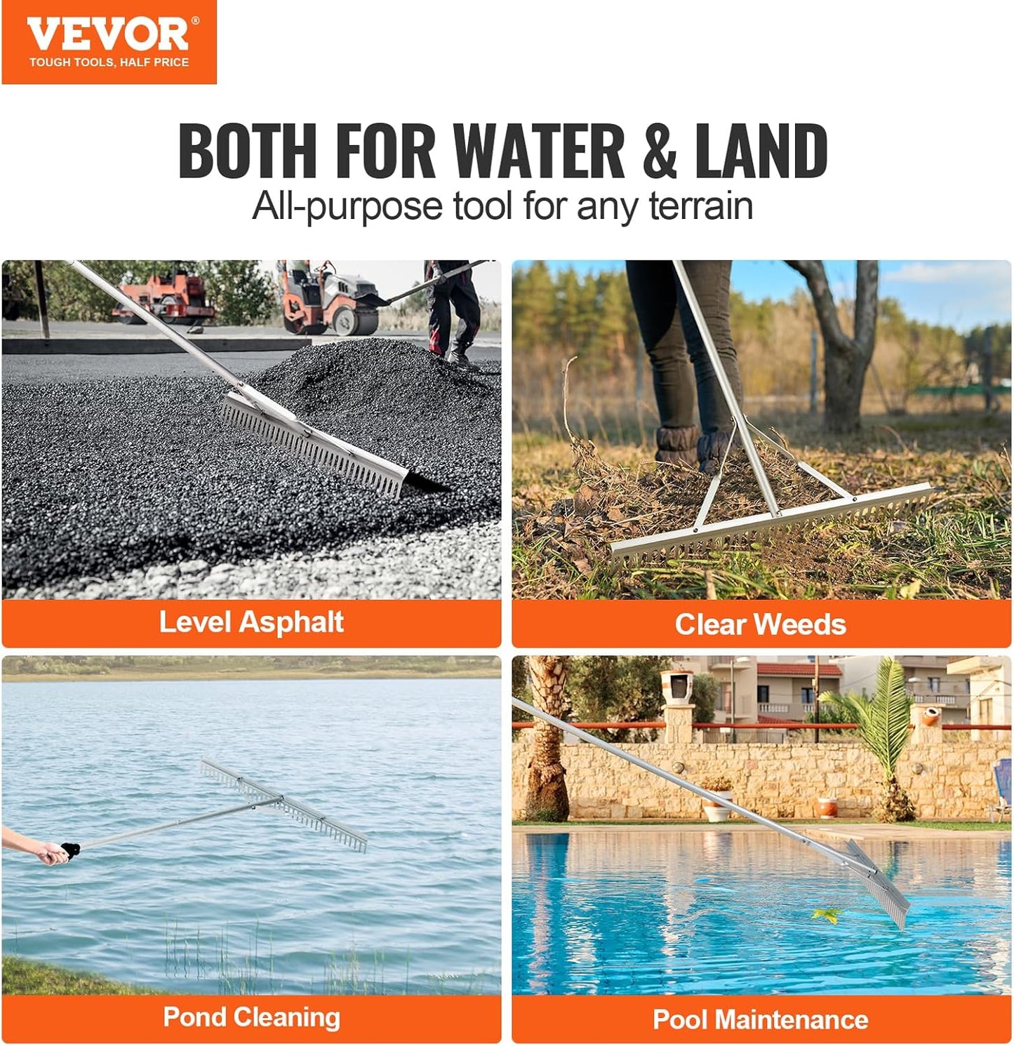 VEVOR 36" Aluminum Landscape Rake with Lake Weed Rake & Combination Lock - Indoor/Outdoor Padlock with Extended Shackle