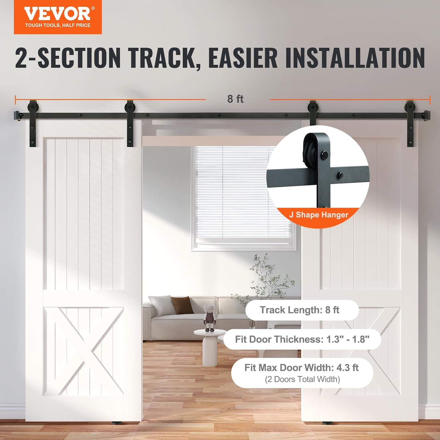 VEVOR 8FT Sliding Barn Door Hardware Kit for Double Doors up to 4.3FT Wide, 330LBS Capacity, Smooth & Silent Operation - WildKart