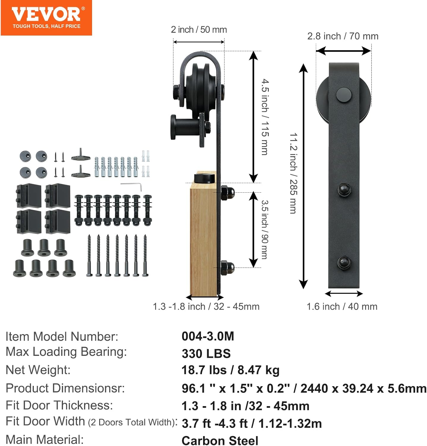 VEVOR 8FT Sliding Barn Door Hardware Kit for Double Doors up to 4.3FT Wide, 330LBS Capacity, Smooth & Silent Operation - WildKart