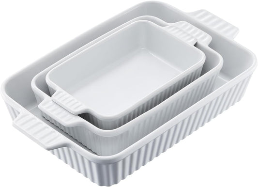 VEVOR 9x13 Ceramic Baking Dish Set of 3 - Rectangular Casserole Pans with Handles, Oven Safe Lasagna Pans for Cooking, Thanksgiving, White