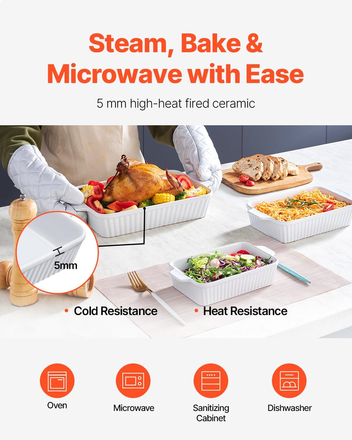 VEVOR 9x13 Ceramic Baking Dish Set of 3 - Rectangular Casserole Pans with Handles, Oven Safe Lasagna Pans for Cooking, Thanksgiving, White