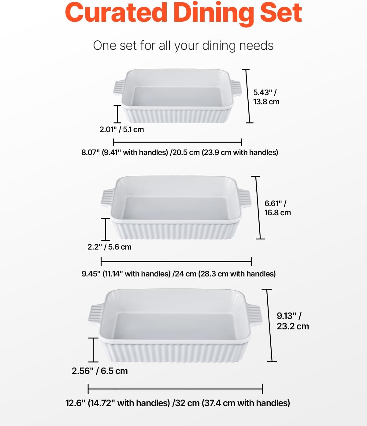 VEVOR 9x13 Ceramic Baking Dish Set of 3 - Rectangular Casserole Pans with Handles, Oven Safe Lasagna Pans for Cooking, Thanksgiving, White