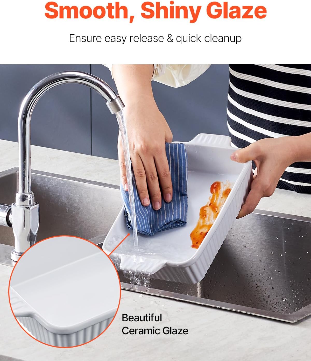 VEVOR 9x13 Ceramic Baking Dish Set of 3 - Rectangular Casserole Pans with Handles, Oven Safe Lasagna Pans for Cooking, Thanksgiving, White