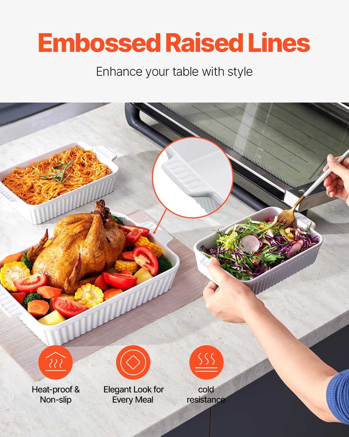 VEVOR 9x13 Ceramic Baking Dish Set of 3 - Rectangular Casserole Pans with Handles, Oven Safe Lasagna Pans for Cooking, Thanksgiving, White