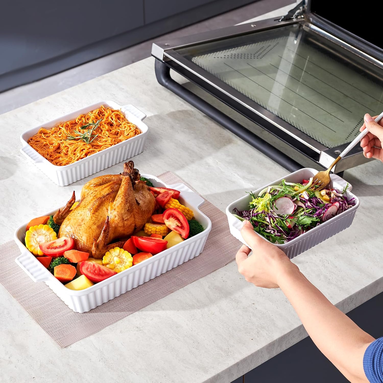 VEVOR 9x13 Ceramic Baking Dish Set of 3 - Rectangular Casserole Pans with Handles, Oven Safe Lasagna Pans for Cooking, Thanksgiving, White