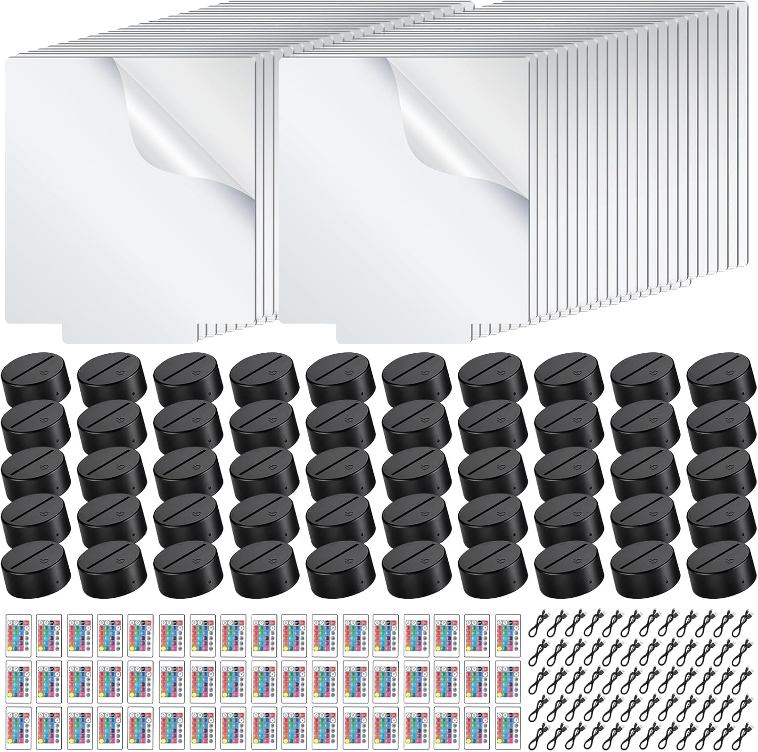 VIHOSE 50 Sets 3D Night LED Light Lamp Base Kit - Square Bases, Acrylic Sheets, Remote Controls, USB Cables - DIY Craft Restaurant Bar Cafe Room - 16 Colors Display