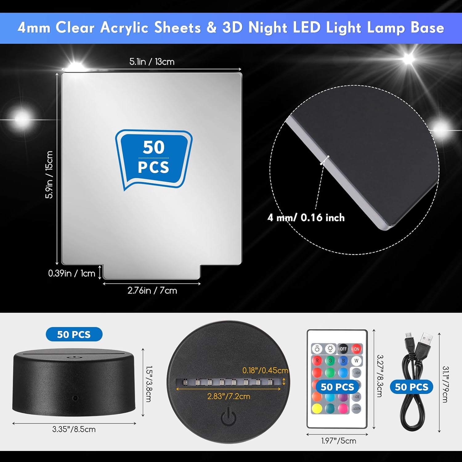 VIHOSE 50 Sets 3D Night LED Light Lamp Base Kit - Square Bases, Acrylic Sheets, Remote Controls, USB Cables - DIY Craft Restaurant Bar Cafe Room - 16 Colors Display
