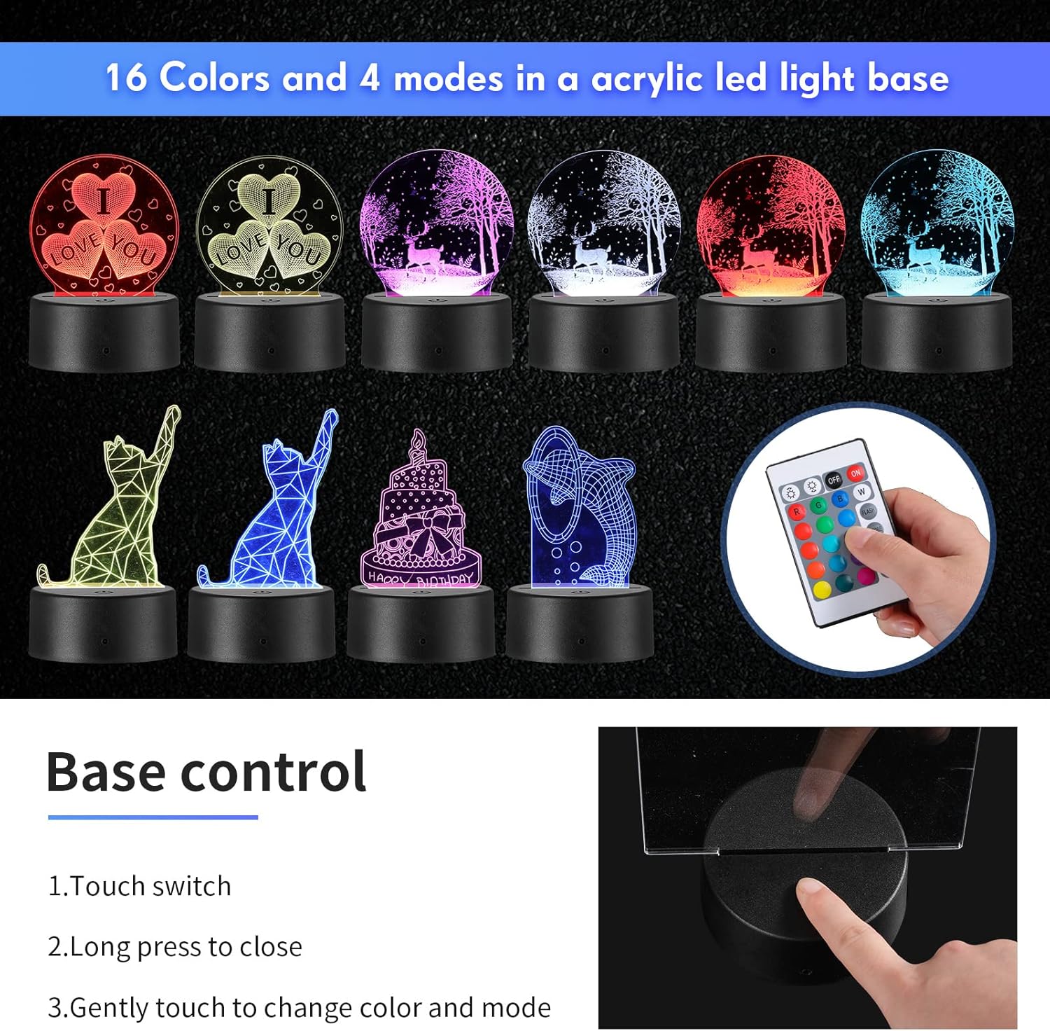 VIHOSE 50 Sets 3D Night LED Light Lamp Base Kit - Square Bases, Acrylic Sheets, Remote Controls, USB Cables - DIY Craft Restaurant Bar Cafe Room - 16 Colors Display