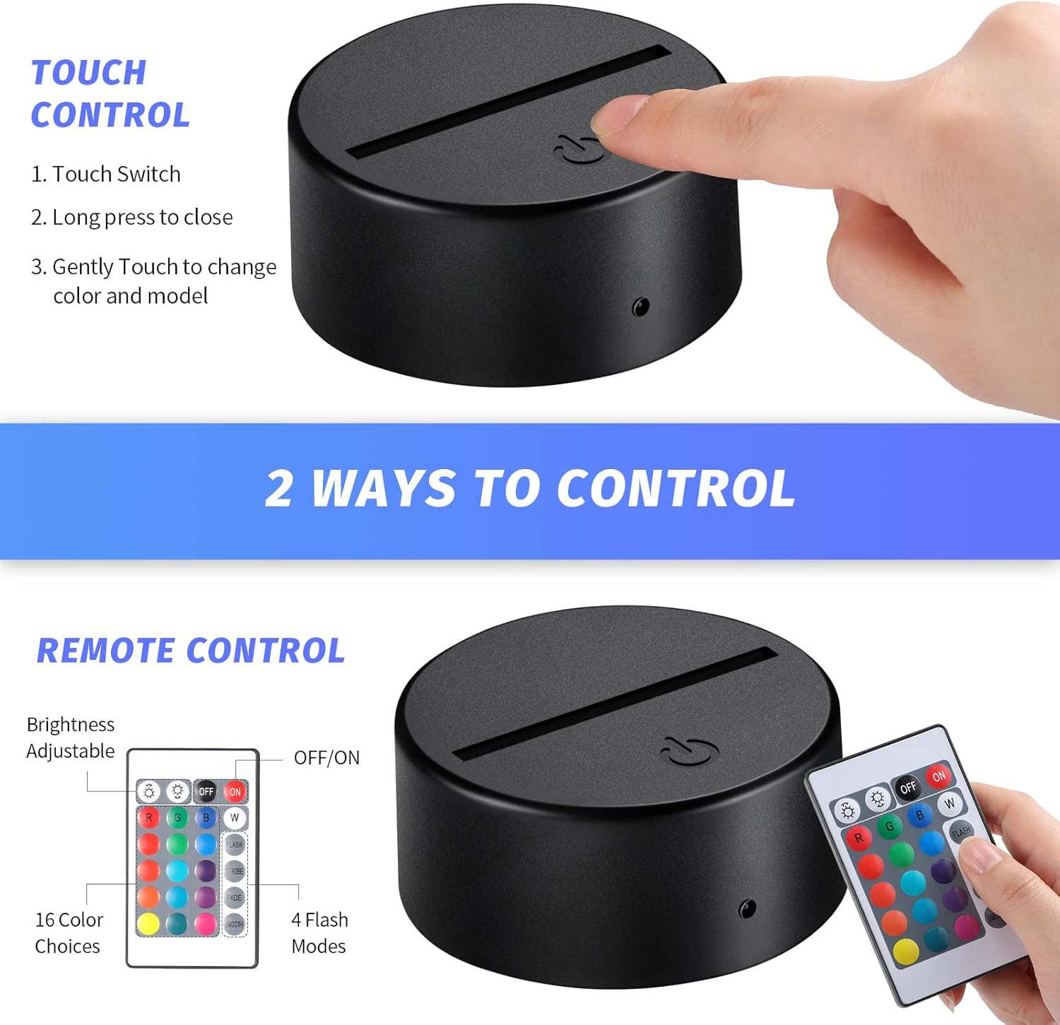 VIHOSE 50 Sets 3D Night LED Light Lamp Base Kit - Square Bases, Acrylic Sheets, Remote Controls, USB Cables - DIY Craft Restaurant Bar Cafe Room - 16 Colors Display