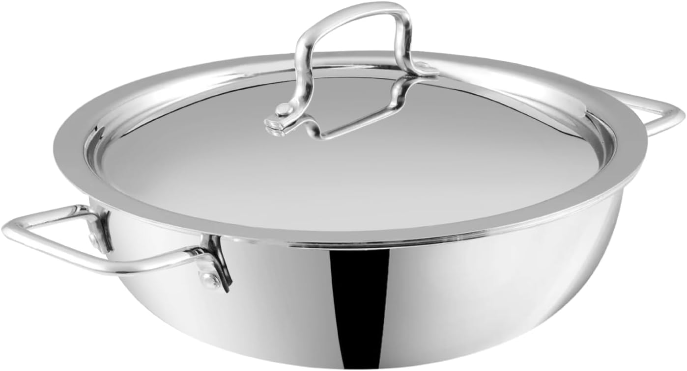 Vinod Platinum Triply Stainless Steel Extra Deep Kadai 28cm - Ideal for Indian Cooking, Sauces, Stews, Soups - Induction, Electric Compatible