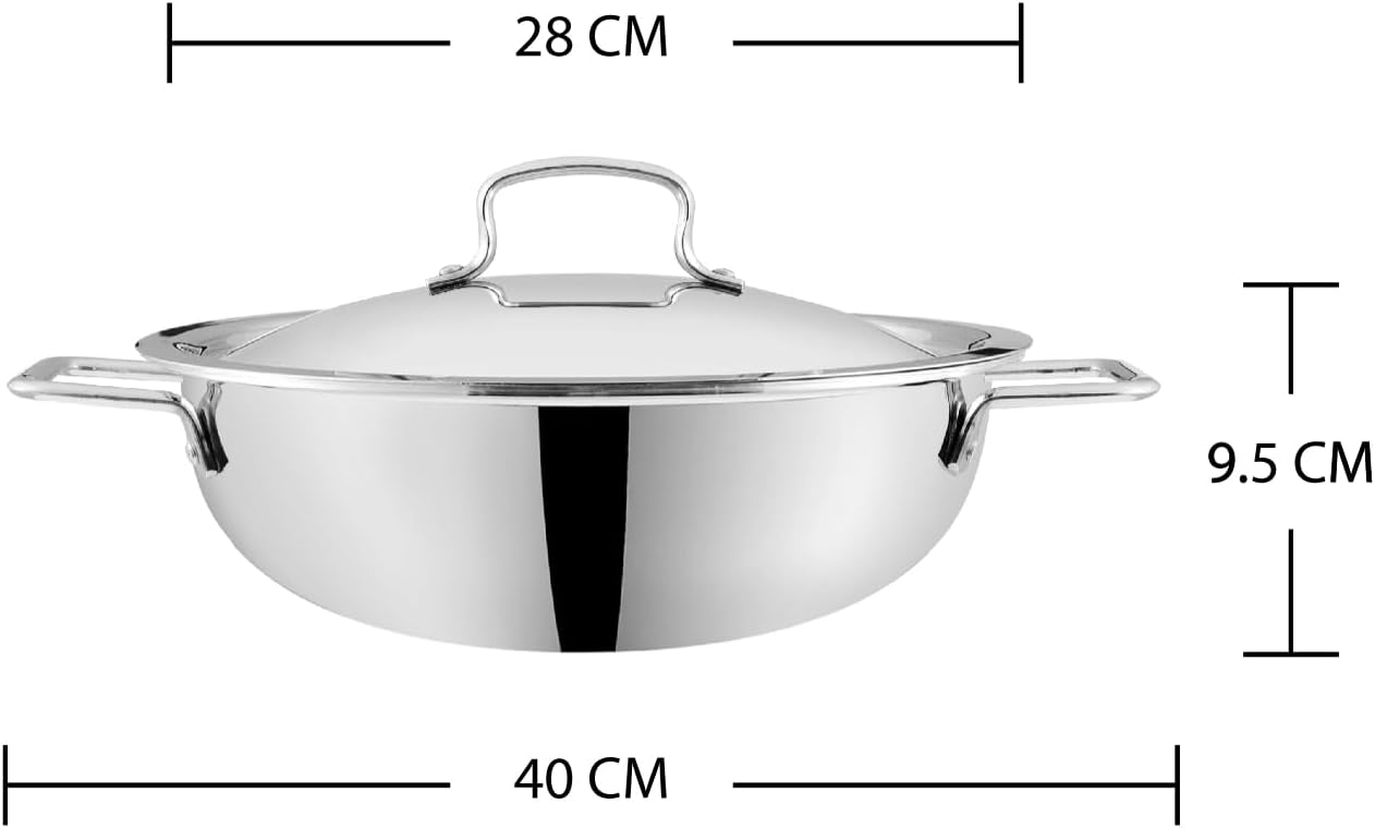 Vinod Platinum Triply Stainless Steel Extra Deep Kadai 28cm - Ideal for Indian Cooking, Sauces, Stews, Soups - Induction, Electric Compatible