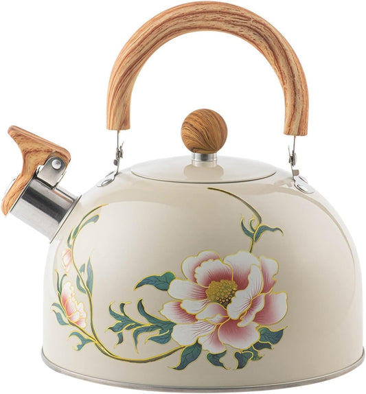 Vintage 3.2 Quart Stainless Steel Tea Pot for Stovetop - Whistling Pink Floral Kettle with Wooden Handle