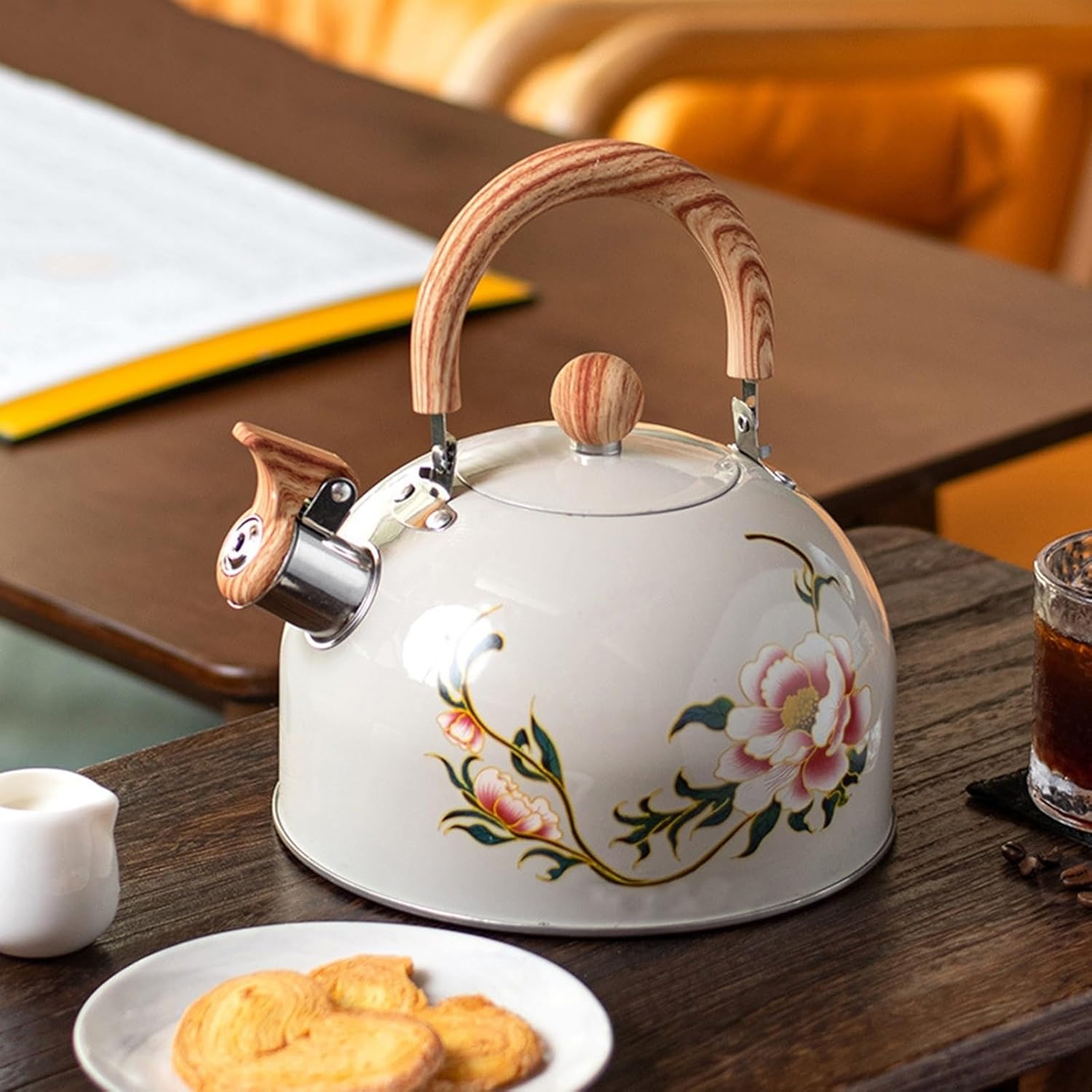 Vintage 3.2 Quart Stainless Steel Tea Pot for Stovetop - Whistling Pink Floral Kettle with Wooden Handle