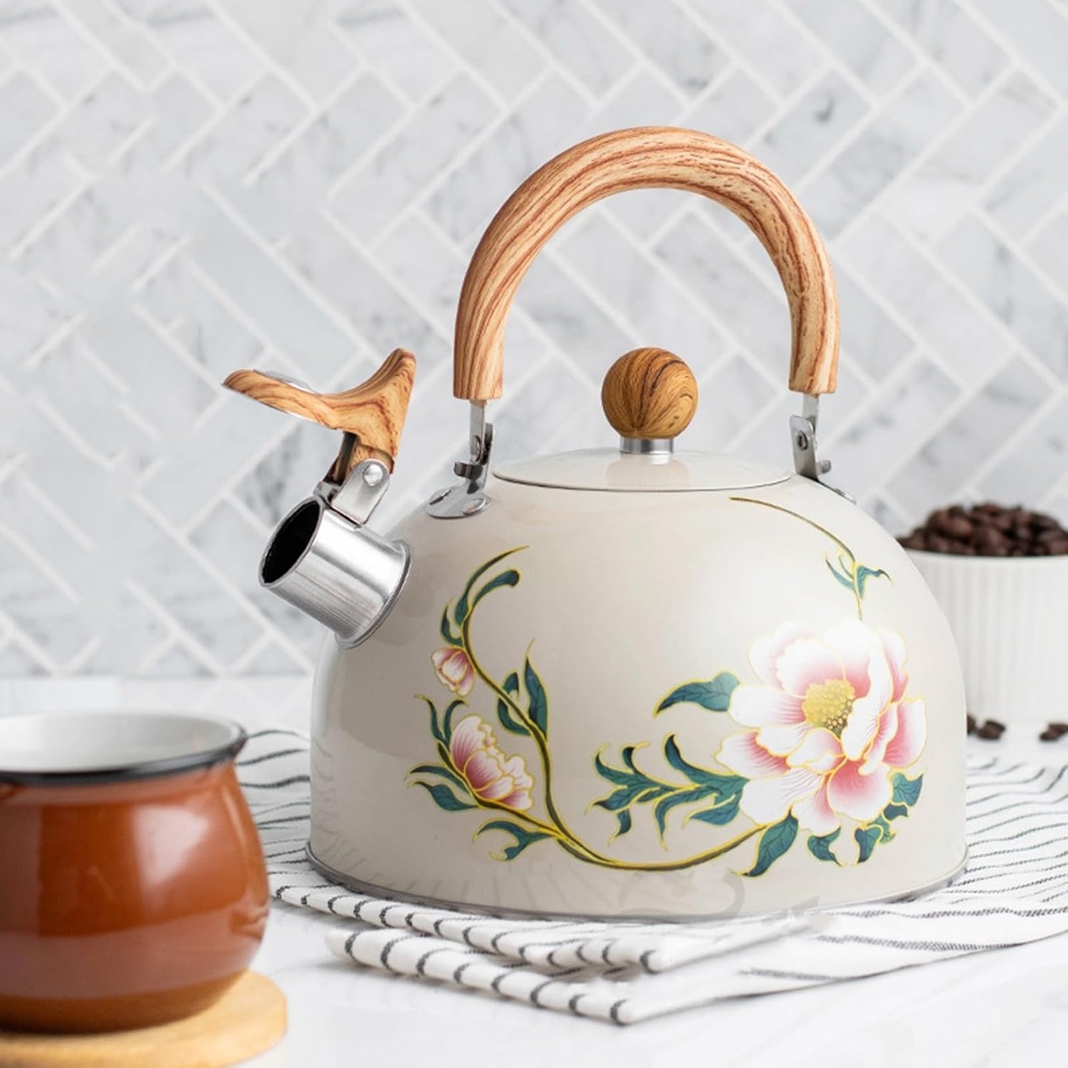 Vintage 3.2 Quart Stainless Steel Tea Pot for Stovetop - Whistling Pink Floral Kettle with Wooden Handle